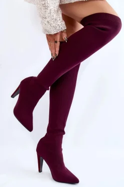 Kozaki Na Obcasie Ze Skarpetą Bordowe Renoli