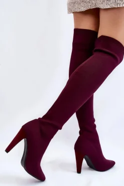 Kozaki Na Obcasie Ze Skarpetą Bordowe Renoli