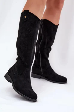 Kozaki Na Płaskim Obcasie Z Ażurowym Wzorem S.Barski HY51-062 Czarne