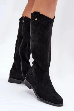 Kozaki Na Płaskim Obcasie Z Ażurowym Wzorem S.Barski HY51-062 Czarne