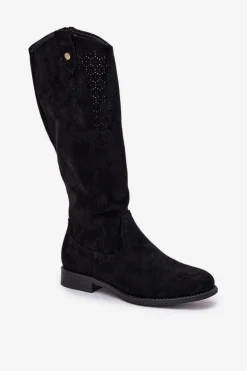 Kozaki Na Płaskim Obcasie Z Ażurowym Wzorem S.Barski HY51-062 Czarne