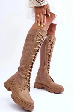 Kozaki Na Płaskim Obcasie Ze Skarpetą Ciemnobeżowe Itona