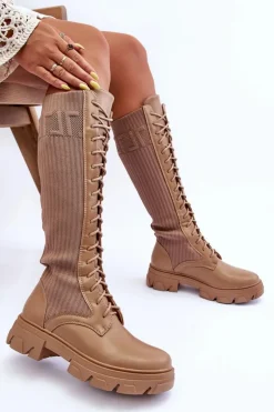 Kozaki Na Płaskim Obcasie Ze Skarpetą Ciemnobeżowe Itona