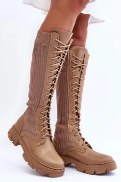 Kozaki Na Płaskim Obcasie Ze Skarpetą Ciemnobeżowe Itona