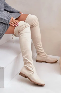 Kozaki Na Płaskim Obcasie Za Kolano Z Eko Zamszu Beżowe Linnithia