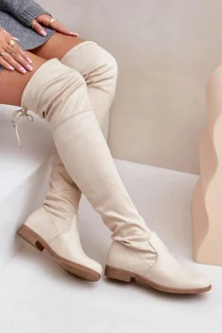 Kozaki Na Płaskim Obcasie Za Kolano Z Eko Zamszu Beżowe Linnithia