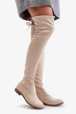 Kozaki Na Płaskim Obcasie Za Kolano Z Eko Zamszu Beżowe Linnithia