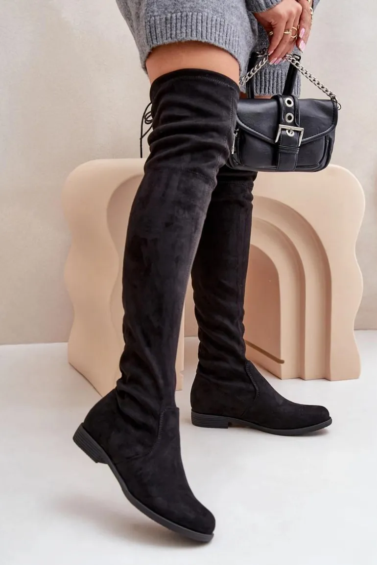 Kozaki Na Płaskim Obcasie Za Kolano Z Eko Zamszu Czarne Linnithia