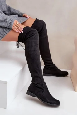 Kozaki Na Płaskim Obcasie Za Kolano Z Eko Zamszu Czarne Linnithia