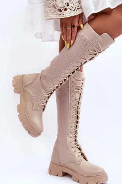 Kozaki Na Płaskim Obcasie Ze Skarpetą Beżowe Itona