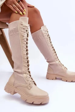 Kozaki Na Płaskim Obcasie Ze Skarpetą Beżowe Itona