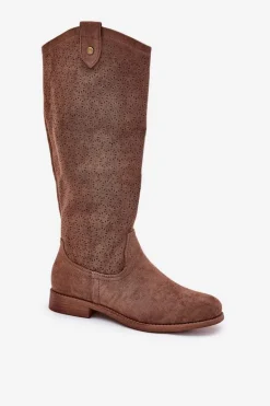 Kozaki Na Płaskim Obcasie Z Ażurowym Wzorem S.Barski HY51-062 Brązowe