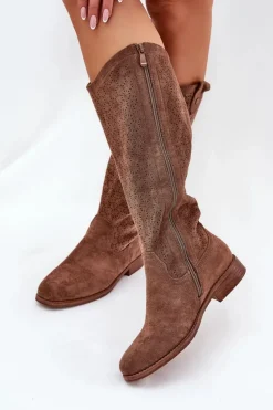 Kozaki Na Płaskim Obcasie Z Ażurowym Wzorem S.Barski HY51-062 Brązowe