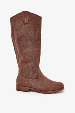 Kozaki Na Płaskim Obcasie Z Ażurowym Wzorem S.Barski HY51-062 Brązowe