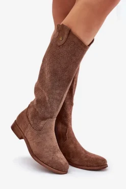 Kozaki Na Płaskim Obcasie Z Ażurowym Wzorem S.Barski HY51-062 Brązowe