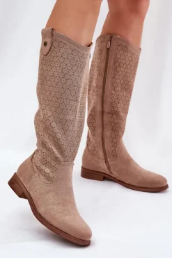 Kozaki Na Płaskim Obcasie Z Ażurowym Wzorem S.Barski HY51-062 Beżowe