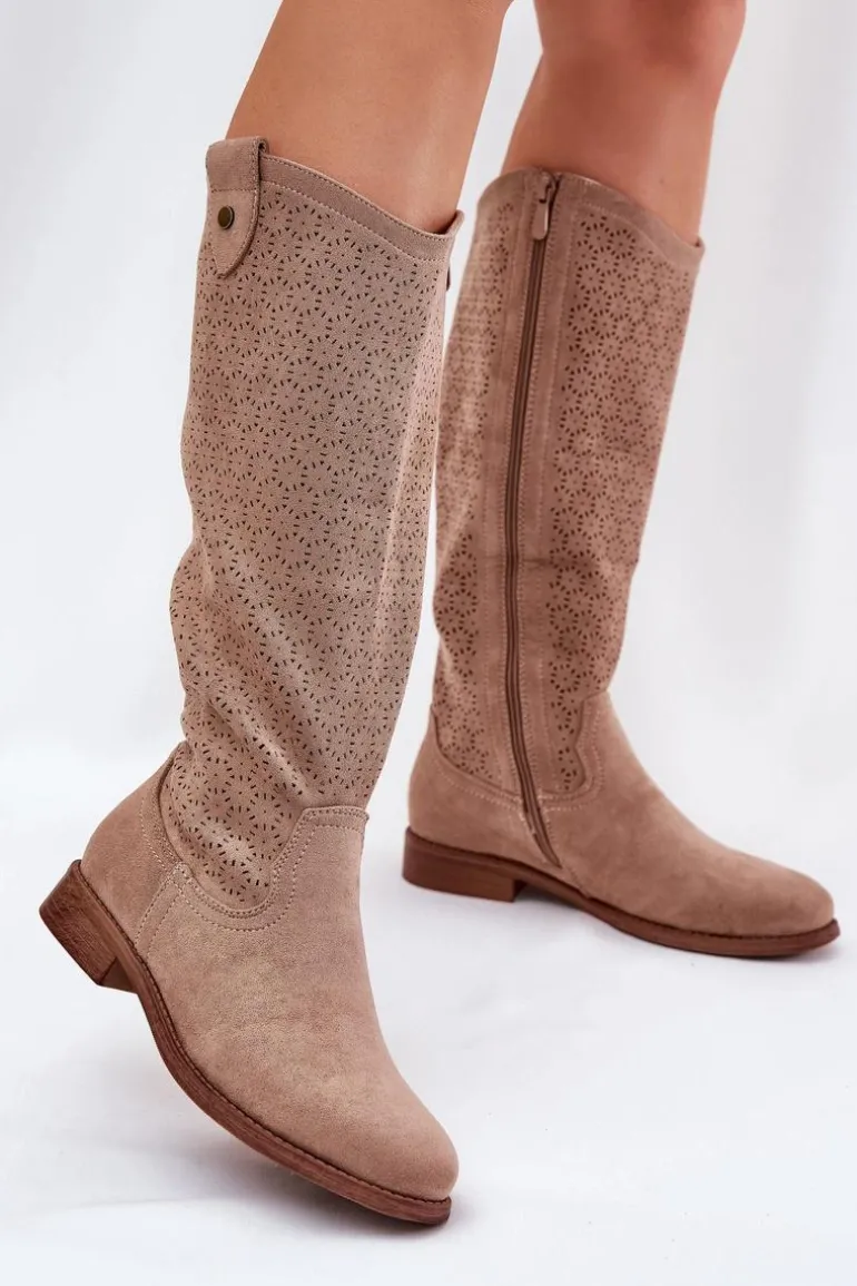 Kozaki Na Płaskim Obcasie Z Ażurowym Wzorem S.Barski HY51-062 Beżowe