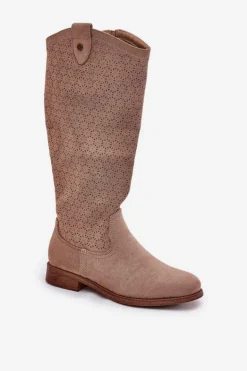 Kozaki Na Płaskim Obcasie Z Ażurowym Wzorem S.Barski HY51-062 Beżowe