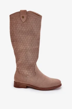 Kozaki Na Płaskim Obcasie Z Ażurowym Wzorem S.Barski HY51-062 Beżowe