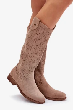 Kozaki Na Płaskim Obcasie Z Ażurowym Wzorem S.Barski HY51-062 Beżowe