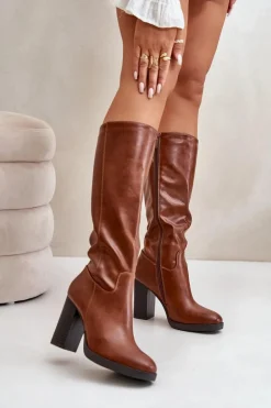 Kozaki Na Słupku Eko Skórzane Przed Kolano Camel Riamaya