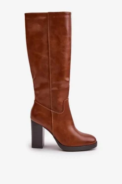 Kozaki Na Słupku Eko Skórzane Przed Kolano Camel Riamaya