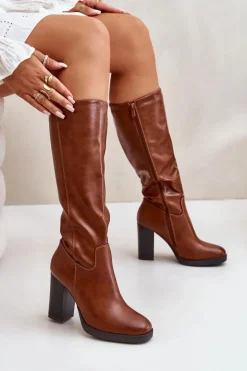 Kozaki Na Słupku Eko Skórzane Przed Kolano Camel Riamaya