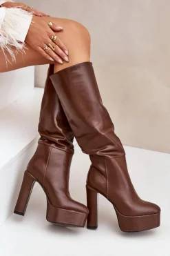 Kozaki Na Słupku I Platformie Z Eko Skóry Brązowe Felilorn