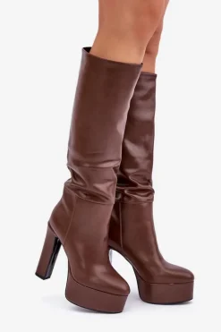 Kozaki Na Słupku I Platformie Z Eko Skóry Brązowe Felilorn