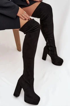 Kozaki Na Słupku I Platformie Za Kolano Eko Zamszowe Czarne Amareen