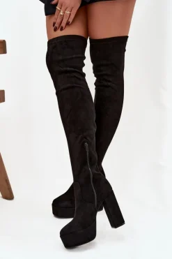 Kozaki Na Słupku I Platformie Za Kolano Eko Zamszowe Czarne Amareen