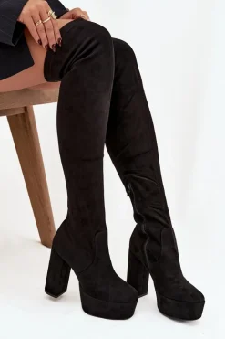 Kozaki Na Słupku I Platformie Za Kolano Eko Zamszowe Czarne Amareen