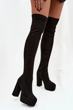 Kozaki Na Słupku I Platformie Za Kolano Eko Zamszowe Czarne Amareen