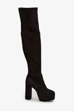 Kozaki Na Słupku I Platformie Za Kolano Eko Zamszowe Czarne Amareen