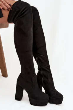 Kozaki Na Słupku I Platformie Za Kolano Eko Zamszowe Czarne Amareen