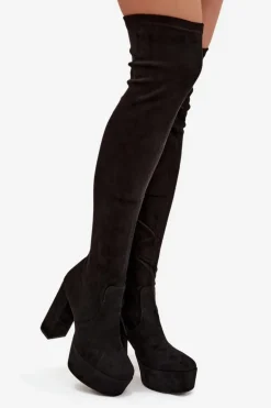 Kozaki Na Słupku I Platformie Za Kolano Eko Zamszowe Czarne Amareen