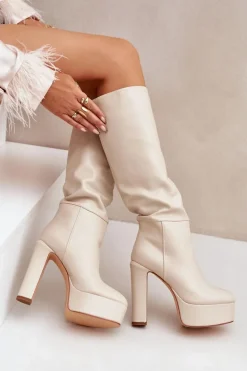 Kozaki Na Słupku I Platformie Z Eko Skóry Jasnobeżowe Felilorn