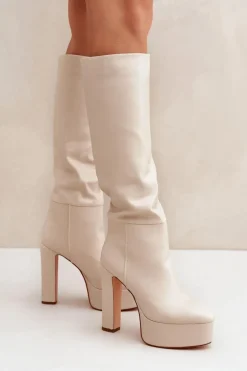 Kozaki Na Słupku I Platformie Z Eko Skóry Jasnobeżowe Felilorn