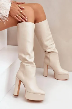 Kozaki Na Słupku I Platformie Z Eko Skóry Jasnobeżowe Felilorn