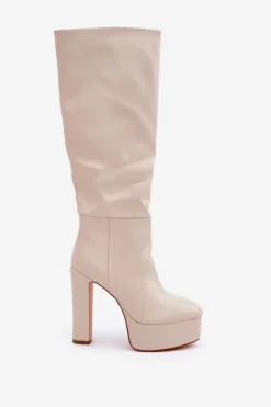 Kozaki Na Słupku I Platformie Z Eko Skóry Jasnobeżowe Felilorn