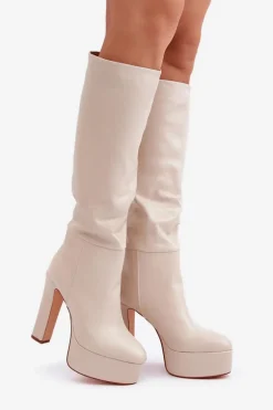 Kozaki Na Słupku I Platformie Z Eko Skóry Jasnobeżowe Felilorn