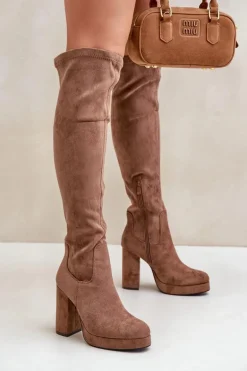 Kozaki Na Słupku I Platformie Z Cholewką Za Kolano Eko Zamszowe Ciemnobeżowe Zistaria