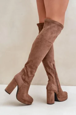 Kozaki Na Słupku I Platformie Z Cholewką Za Kolano Eko Zamszowe Ciemnobeżowe Zistaria