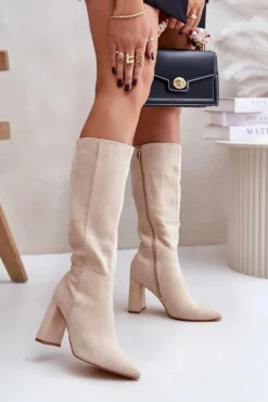 Kozaki Na Słupku Przed Kolano Jasnobeżowe Lannetea