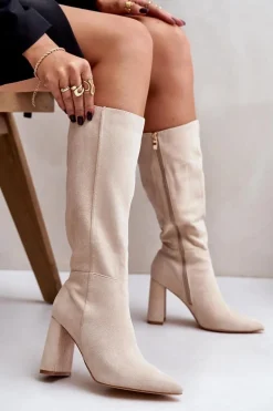 Kozaki Na Słupku Przed Kolano Jasnobeżowe Lannetea