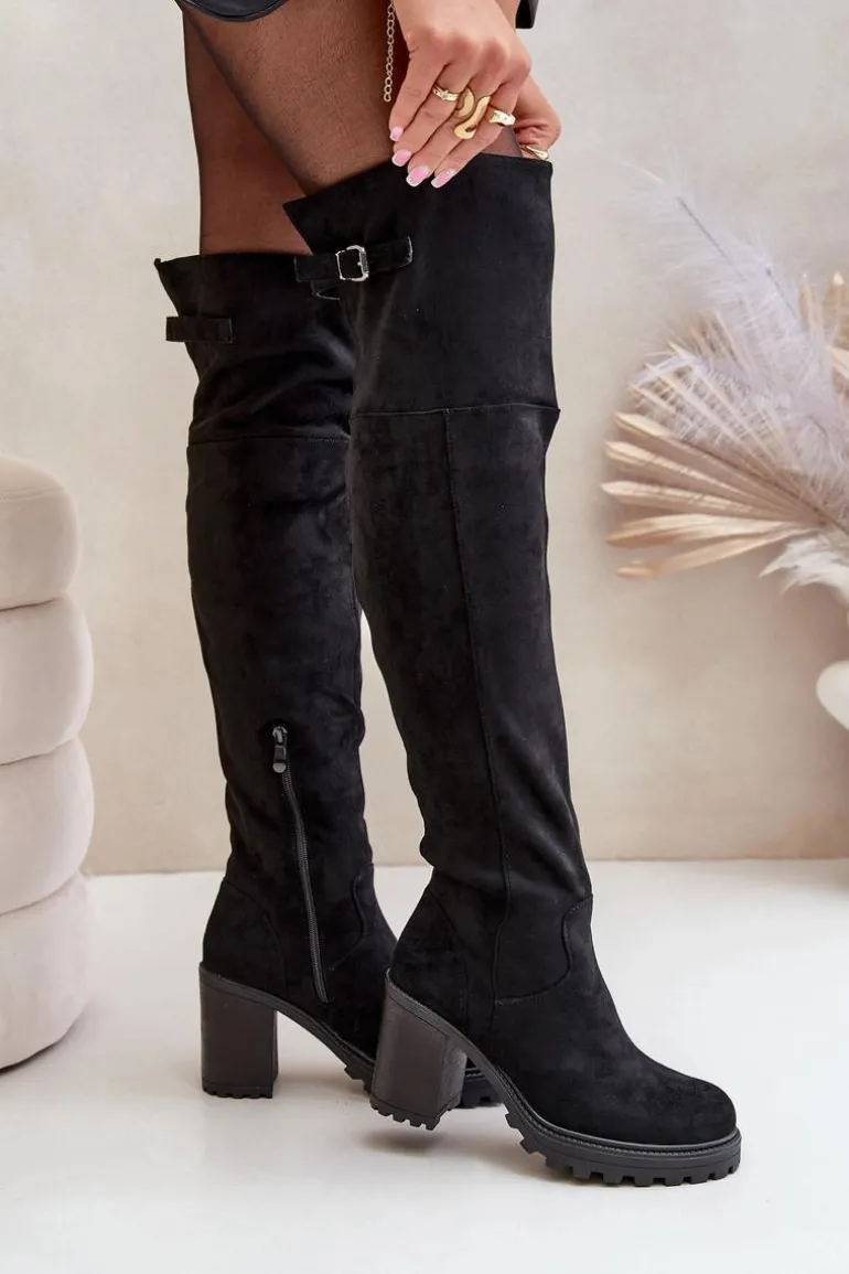 Kozaki Na Słupku Z Cholewką Za Kolano Ocieplane Czarne Niaviera