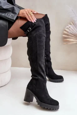 Kozaki Na Słupku Z Cholewką Za Kolano Ocieplane Czarne Niaviera