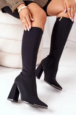 Kozaki Na Słupku Z Elastycznej Tkaniny Czarne Effect Wow