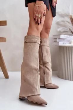 Kozaki Na Słupku Z Wywiniętą Cholewką Beżowe Evyra