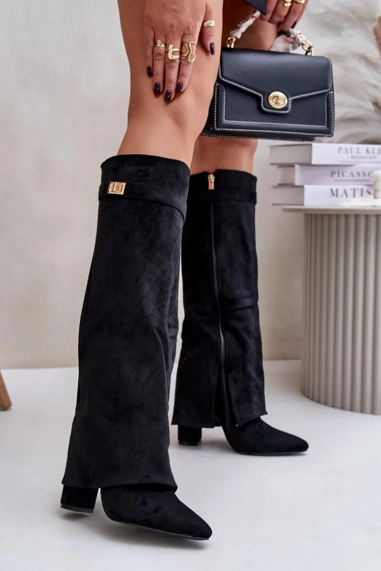 Kozaki Na Słupku Z Wywiniętą Cholewką Ocieplane Czarne Urelli